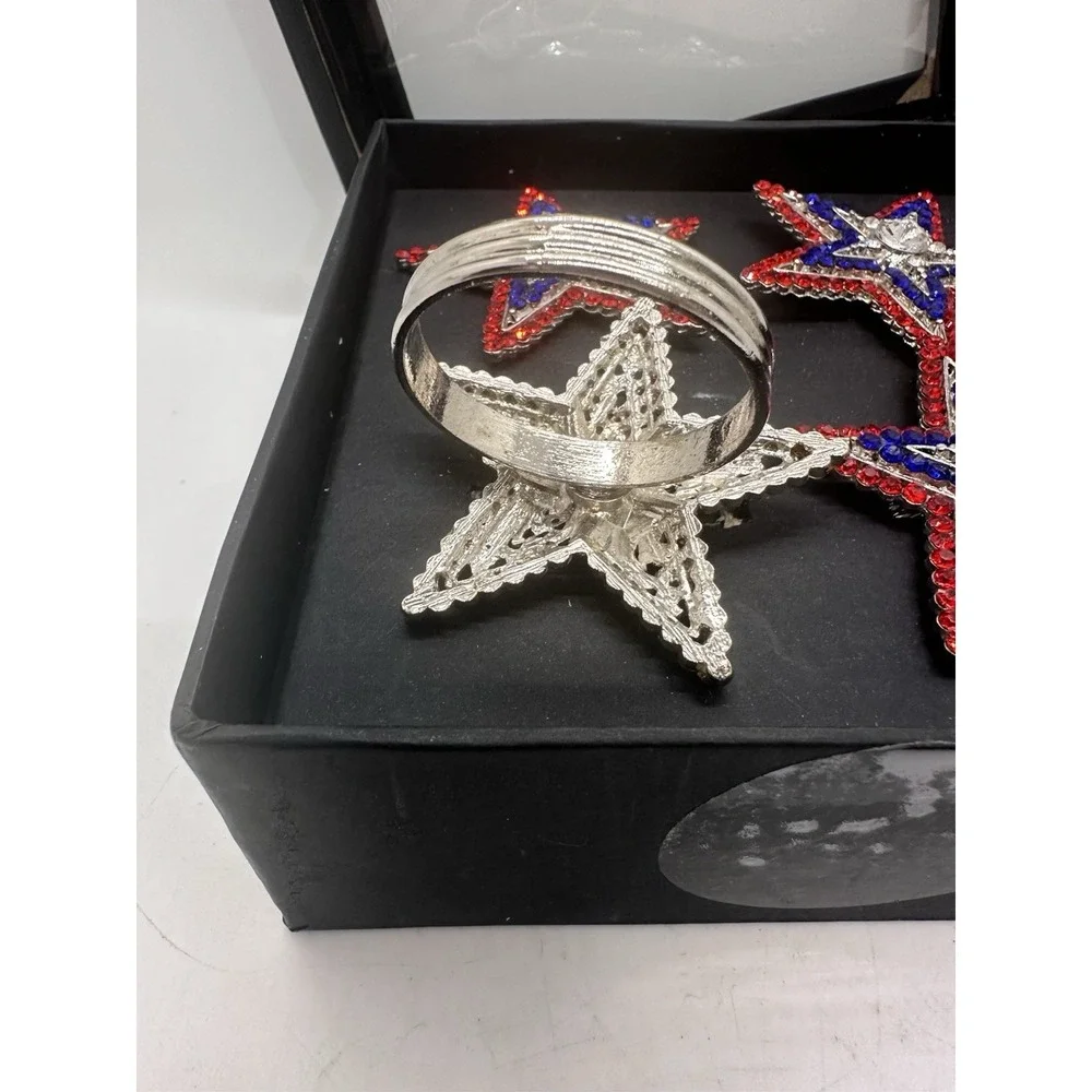 Storehouse Patriotic Star 4th of July Red Blue Jeweled Rhinestones Napkin Rings